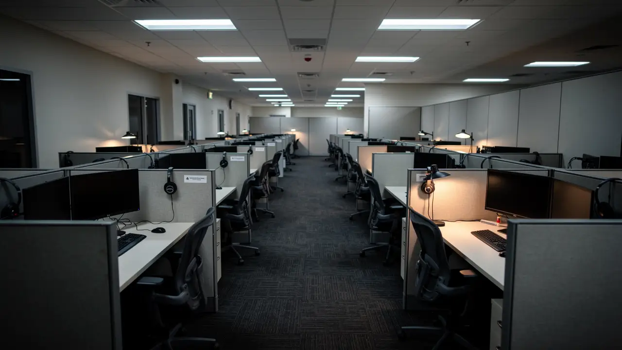 An empty call center floor at night, rows of low partitions with headsets resting on quiet desks.