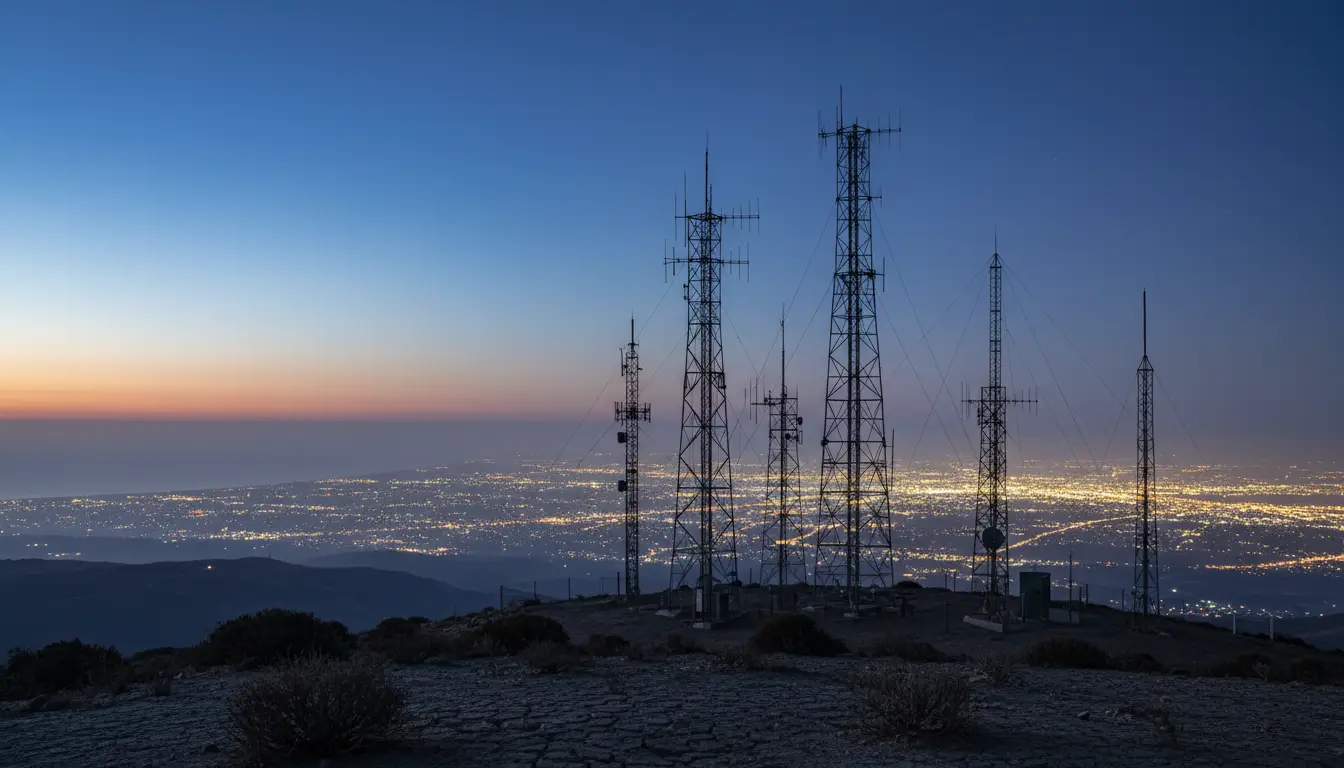 Broadcast and communications antenna masts silhouetted on a hilltop above a hazy coastal basin at dusk.